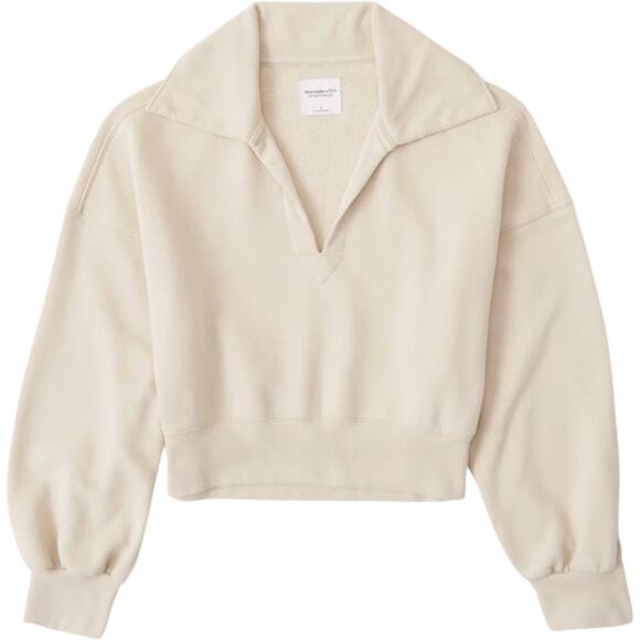 Abercrombie & Fitch Drama Collar V-Neck Cropped Sweatshirt Soft A&F Cream XS - Picture 1 of 5